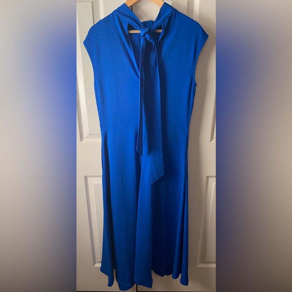 🆕REISS Libby Cobalt Blue Mock Neck Fit & Flare Asymmetrical Hem Midi Dress 8 - Picture 4 of 15